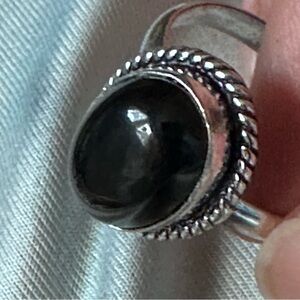 Hand Crafted Artisan BLACK AGATE Ring High Polished Silver Rope Bezel Cabochon
